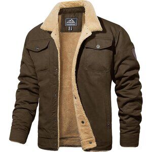 Mens Brown AI Winter Sherpa Lined Jacket Warm Trucker Coat Multi Pocket
